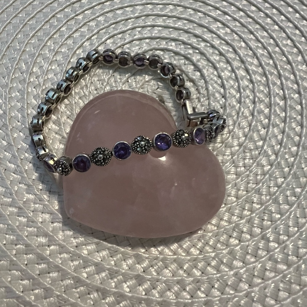 Sterling Silver Purple Amethyst n Marcasite Gemstone Bracelet - Picture 4 of 9